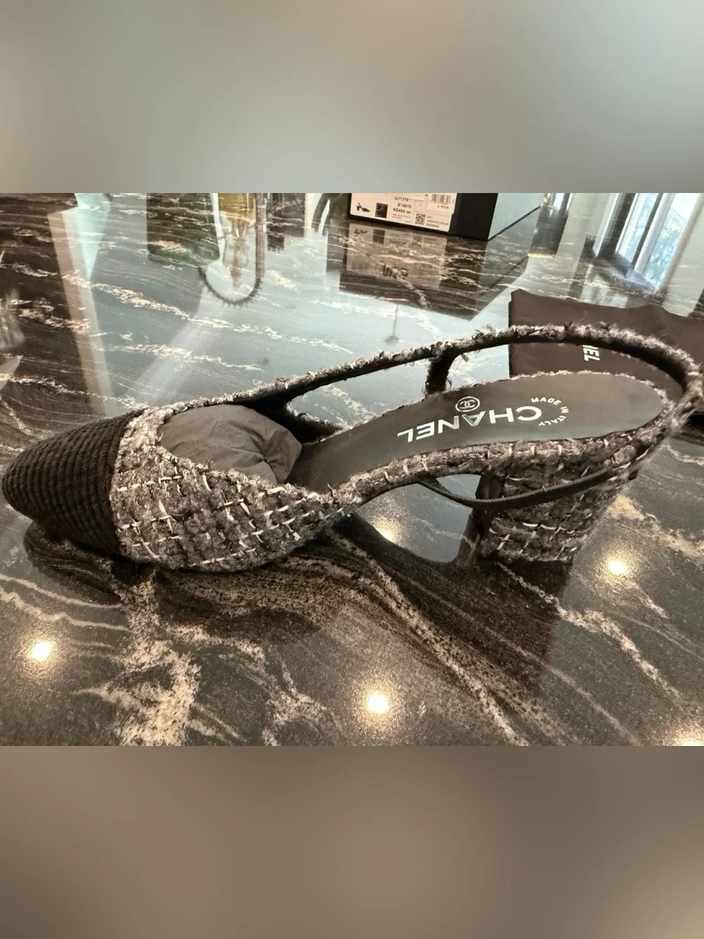 CHANEL Black and Gray Tweed Slingback Heel